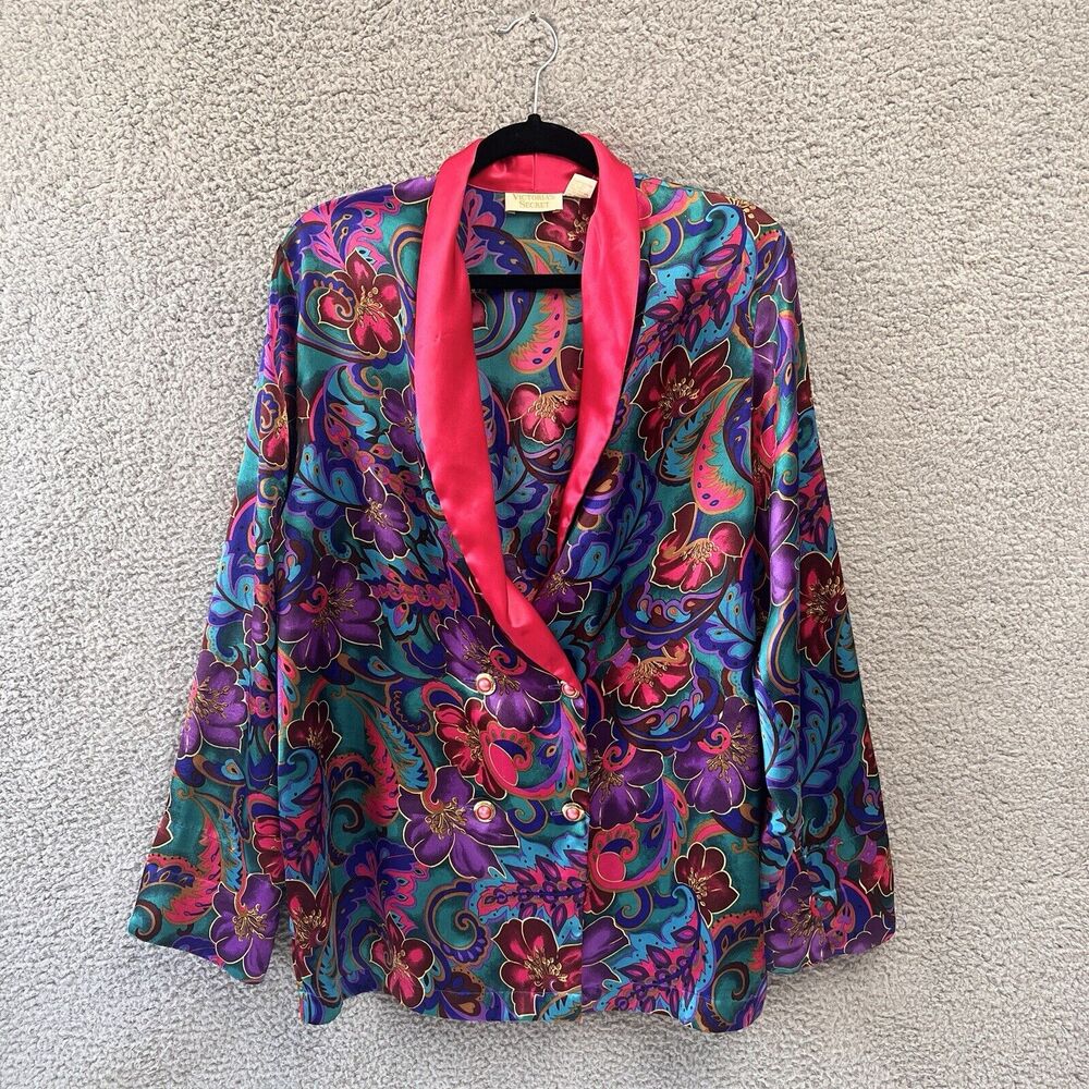 Vintage Gold Label Victoria Secret Satin Pajama Floral Button Top Colorful M